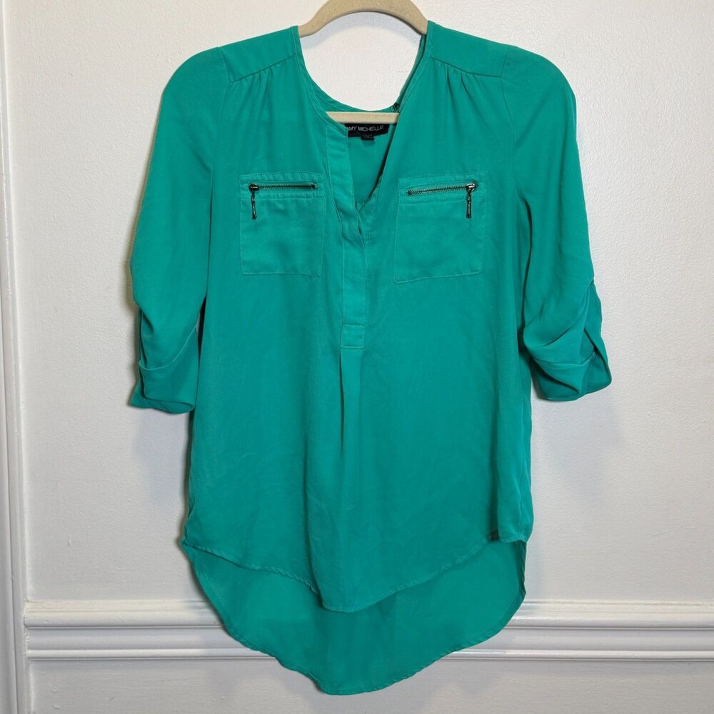 My Michelle Teal Green Blouse S Roll Tab Sleeve Zip Pockets High Low Tunic